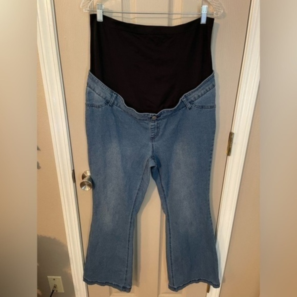 Destination Maternity medium wash flare leg jeans.
